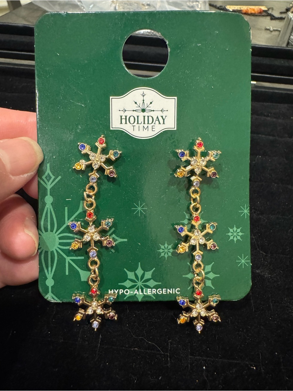 Holiday Time festive snowflake dangle earrings featuring multicolor rhinestones